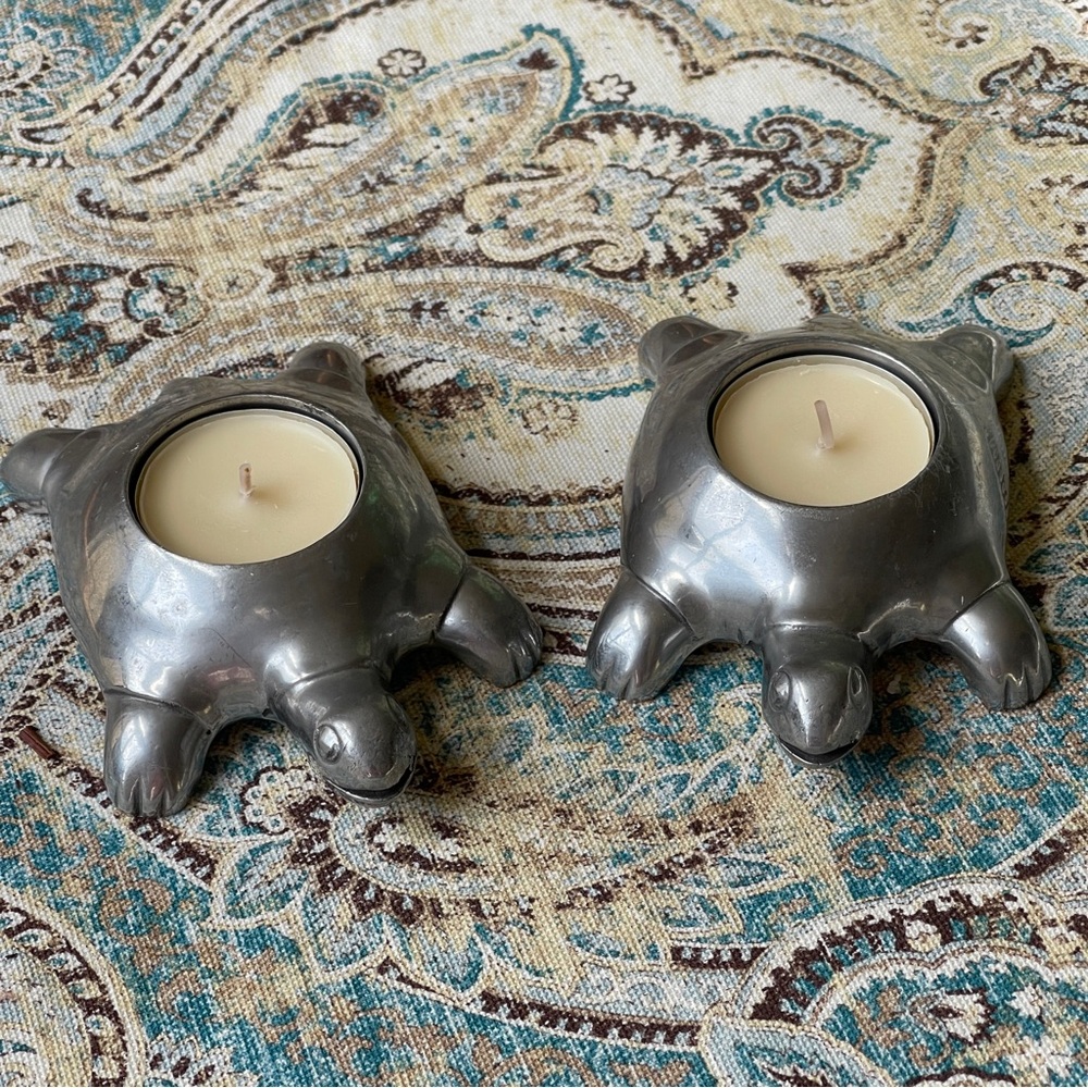 Restoration Hardware Two metal turtle candle holders with tea lights